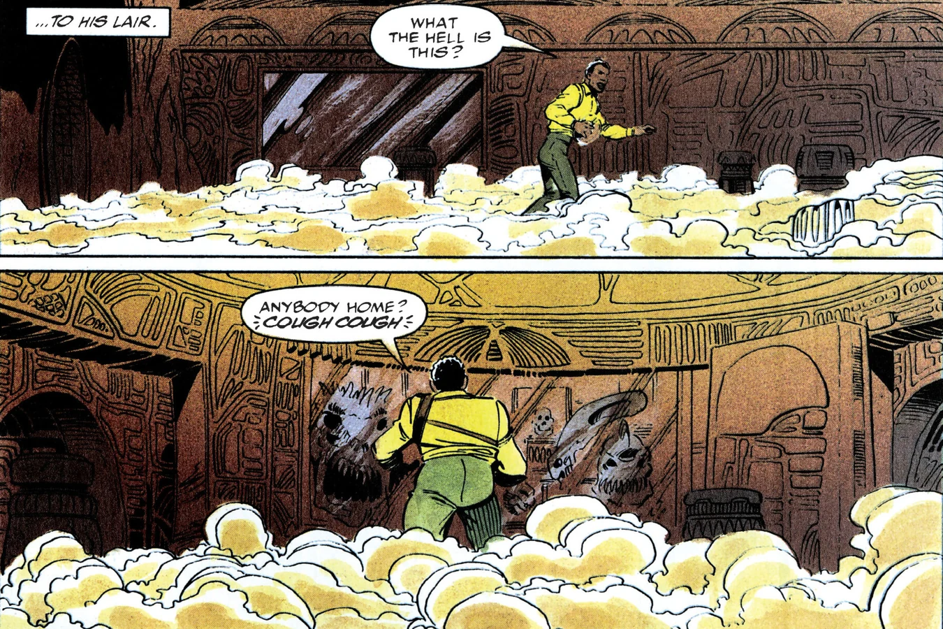 Harrigan stepping into the misty alien lair lined with trophies in the Predator 2 comic