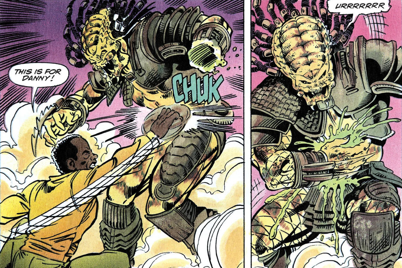 Harrigan driving the disc into the Predator's body as green blood sprays in the Predator 2 comic