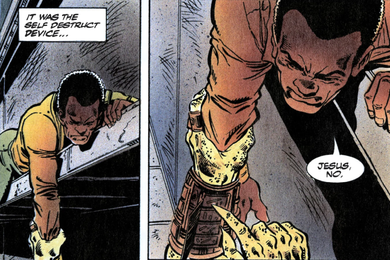 Harrigan hanging from the ledge as the one-armed Predator reaches for its self-destruct device in the Predator 2 comic