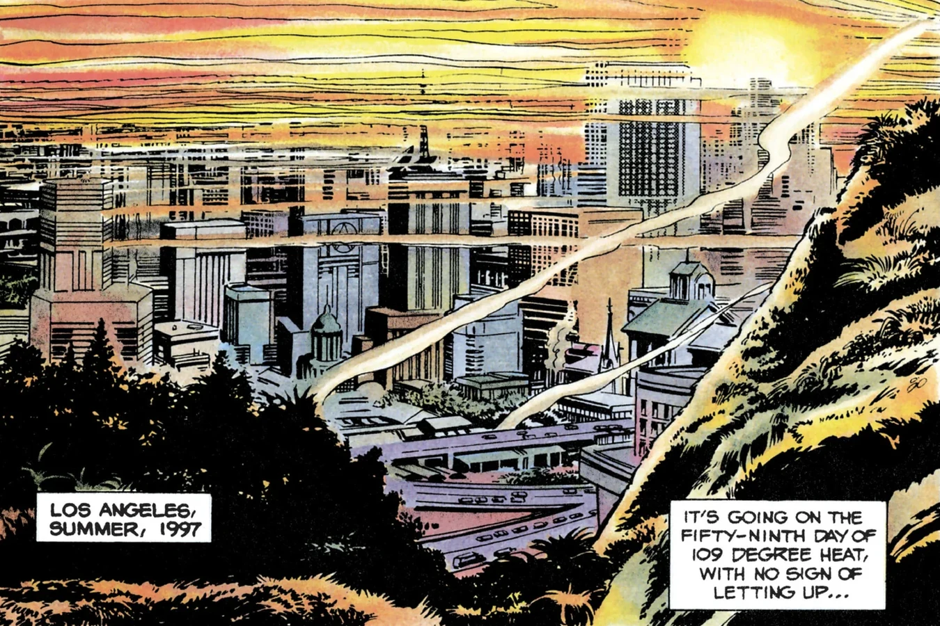 The Los Angeles skyline glowing in the haze of a summer heat wave in 1997 in the Predator 2 comic
