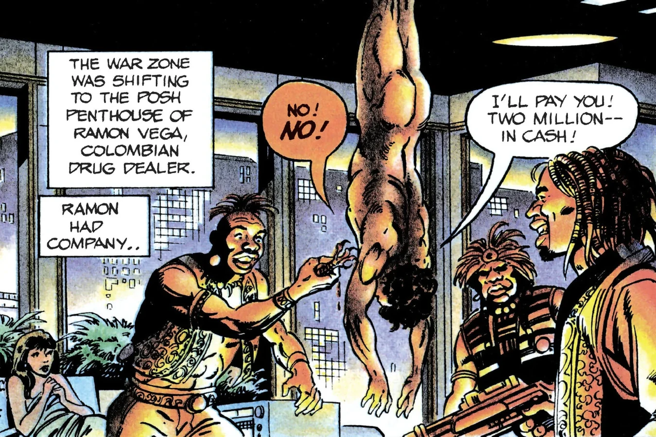 Jamaican gang members laughing beside the hanging body of Ramon Vega in his penthouse in the Predator 2 comic