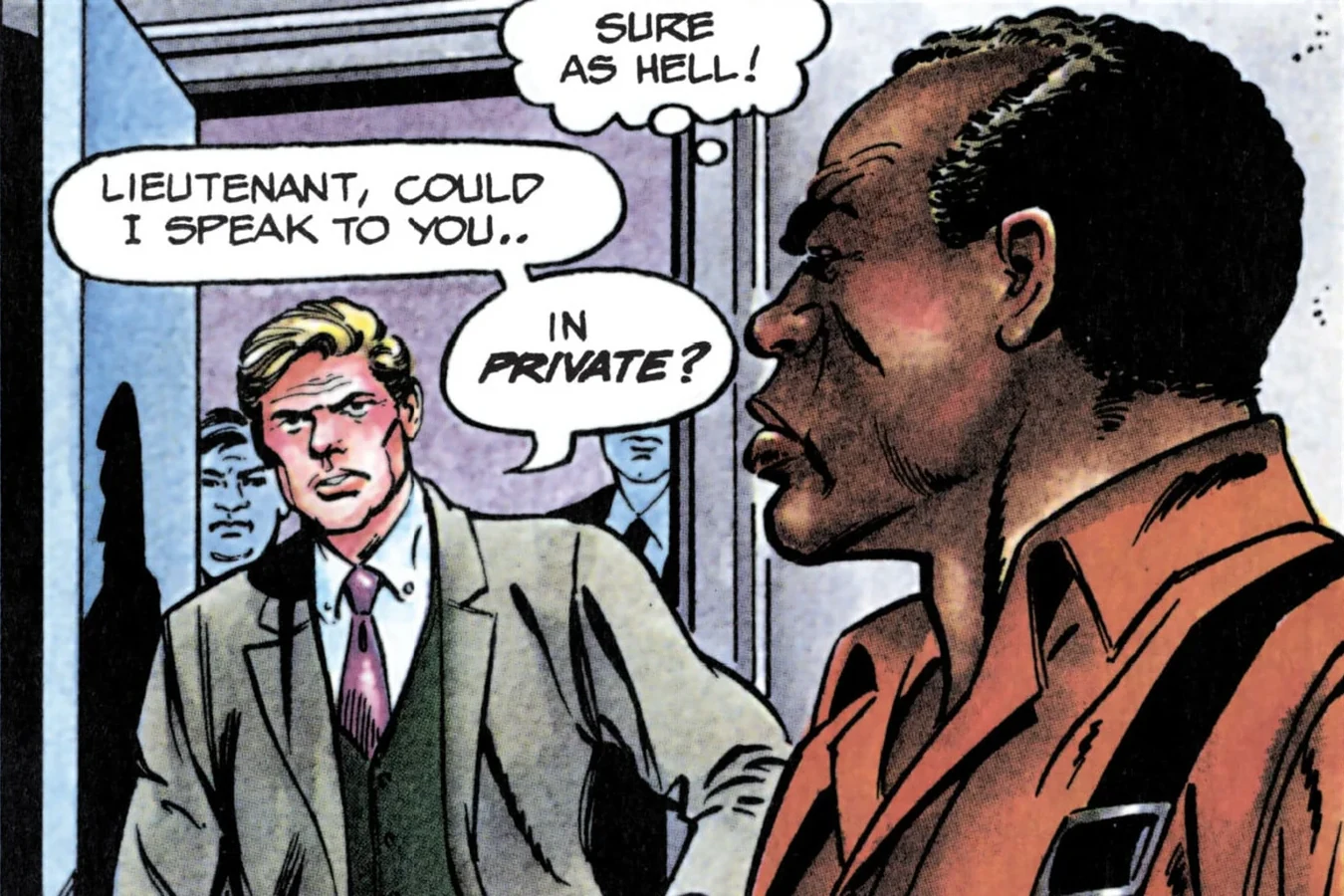Keyes asking Harrigan to speak with him in private at the penthouse crime scene in the Predator 2 comic