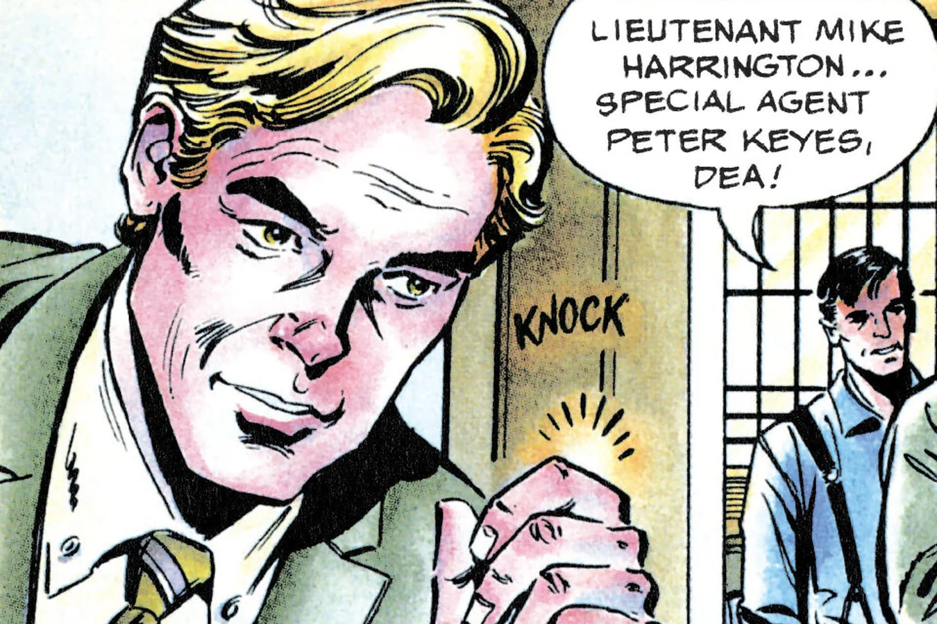 Special Agent Peter Keyes knocking on the door as he introduces himself to Harrigan in the Predator 2 comic