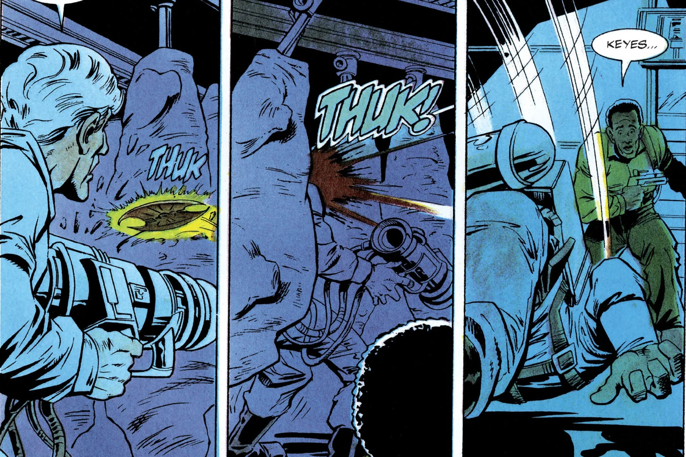 A spinning disc striking Keyes as he fires his freeze gun while Harrigan looks on in the Predator 2 comic