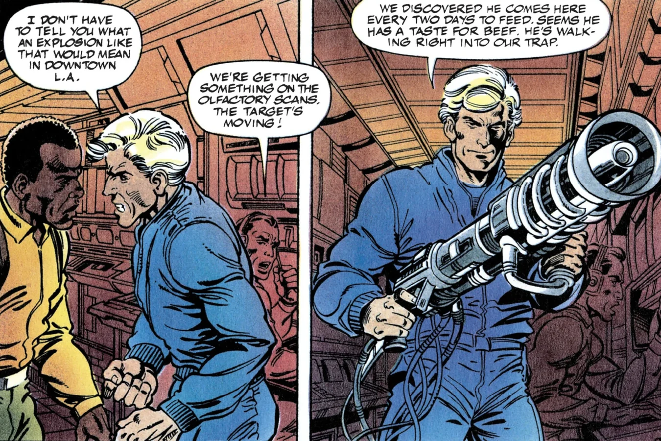 Keyes holding a nitrogen freeze gun as he briefs Harrigan on the trap inside the mobile lab in the Predator 2 comic