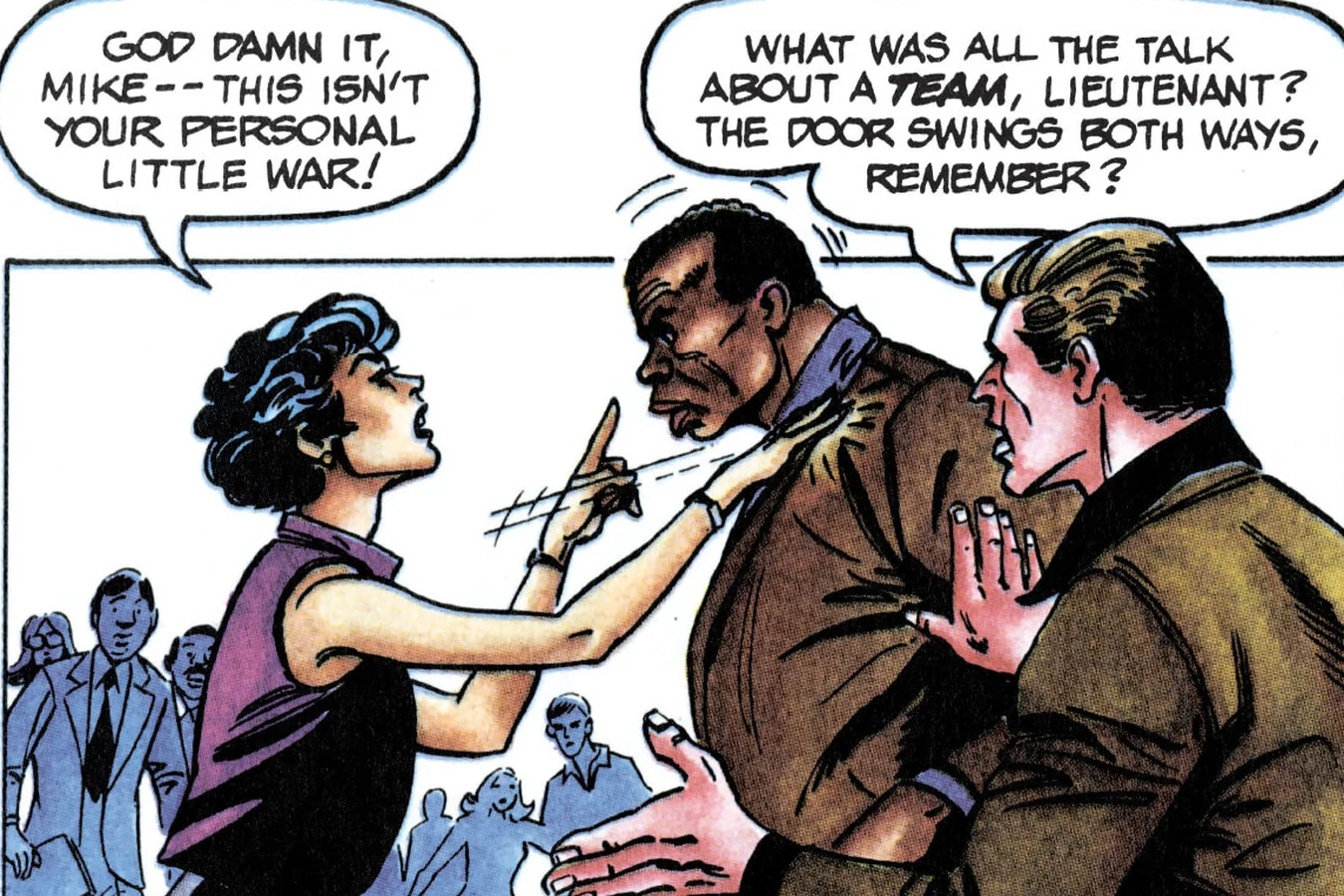 Leona jabbing a finger at Harrigan as Jerry reminds him about teamwork in the Predator 2 comic