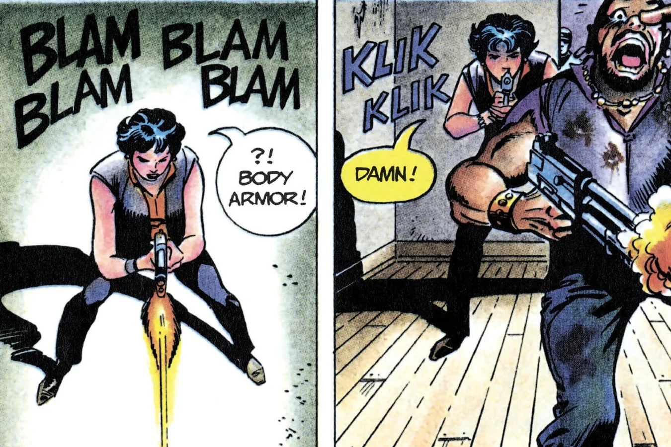 Leona Cantrell firing her pistol after body armor stops a bullet as a Colombian gunman reloads in the Predator 2 comic