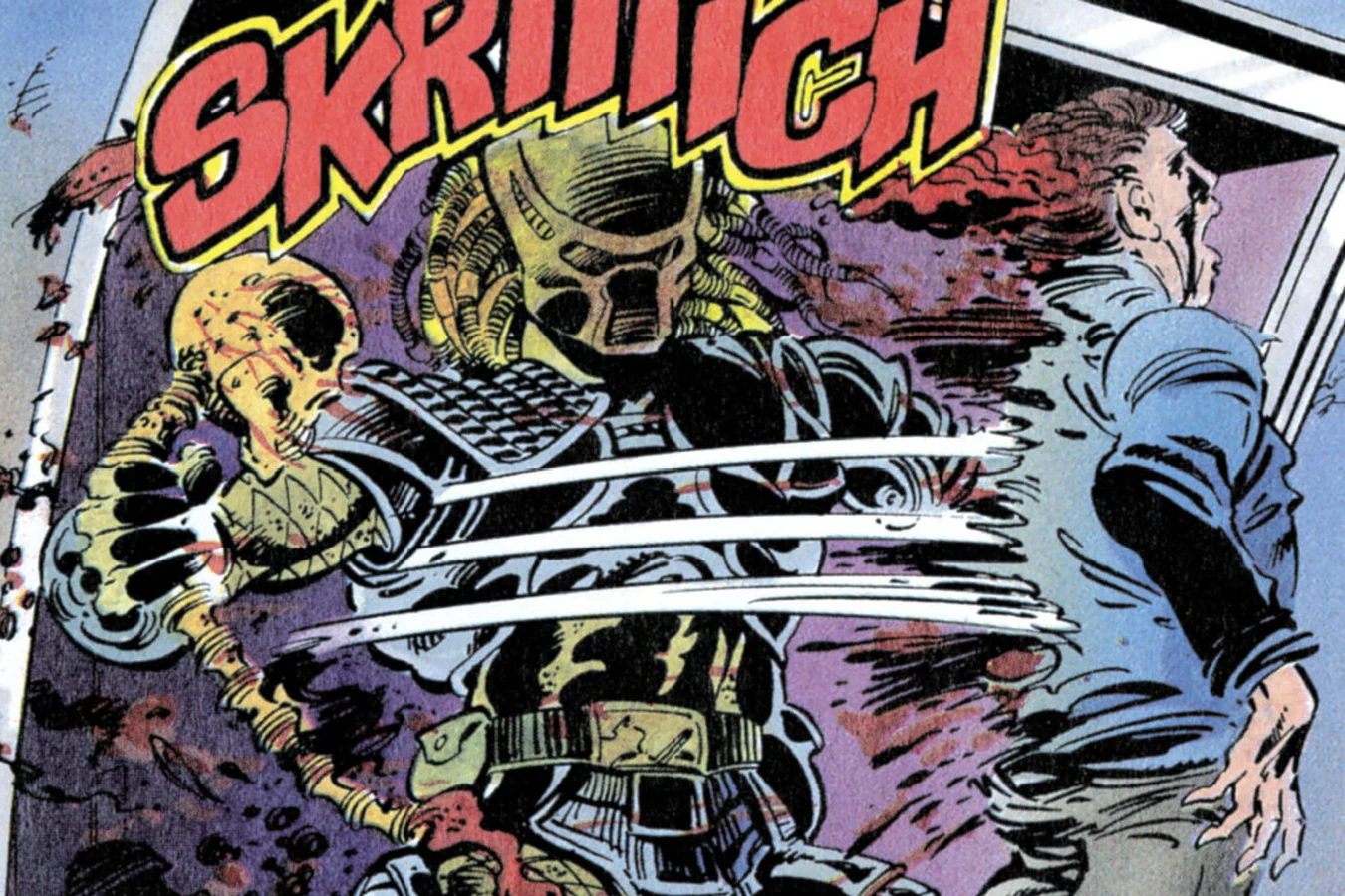 The Predator driving its wrist blades through Jerry Lambert from behind in the subway tunnel in the Predator 2 comic