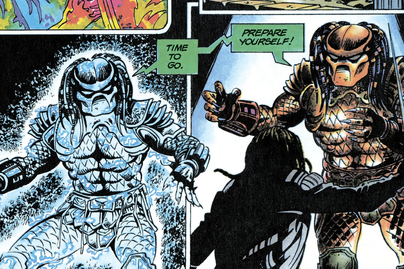 The cloaked Predator shimmering in thermal colors before it uncloaks to confront King Willie in the alley in the Predator 2 comic
