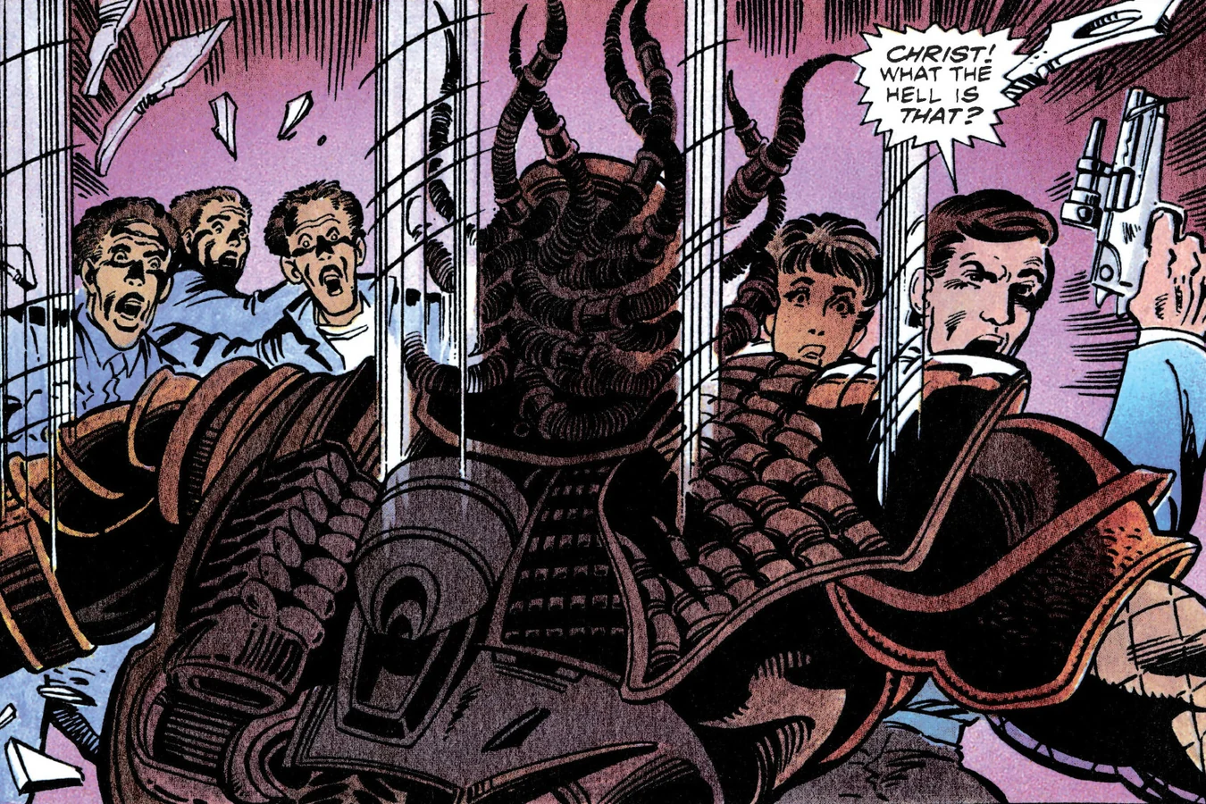 The Predator smashing into a Metro car as Leona, Jerry and the terrified passengers turn toward it in the Predator 2 comic