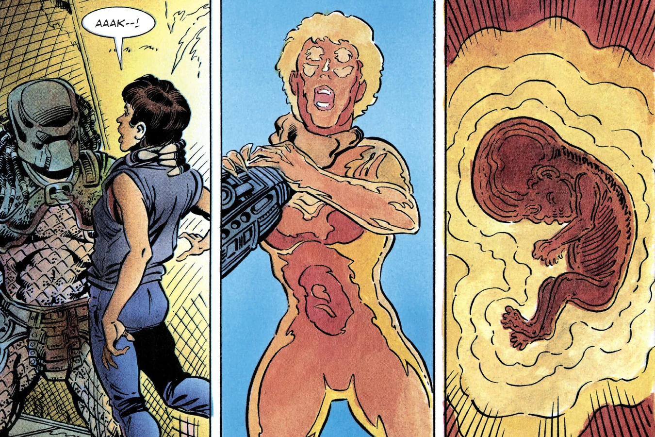 The Predator scanning Leona and finding an unborn child in her womb in the Predator 2 comic