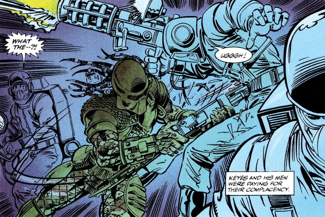 The Predator tearing into Keyes's agents in their sealed suits among the hanging meat in the Predator 2 comic