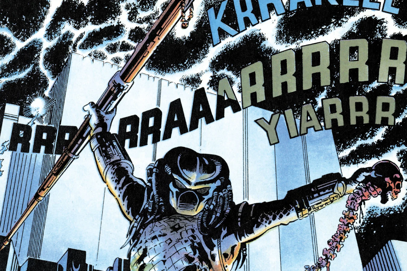 The Predator roaring on a rooftop in a lightning storm as it holds up a spear and Danny's skull and spine in the Predator 2 comic