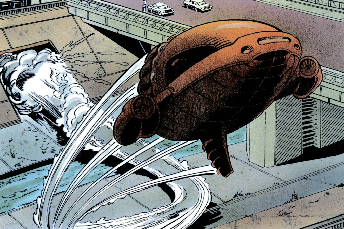 The Predator ship blasting out from under a Los Angeles overpass in a cloud of smoke in the Predator 2 comic