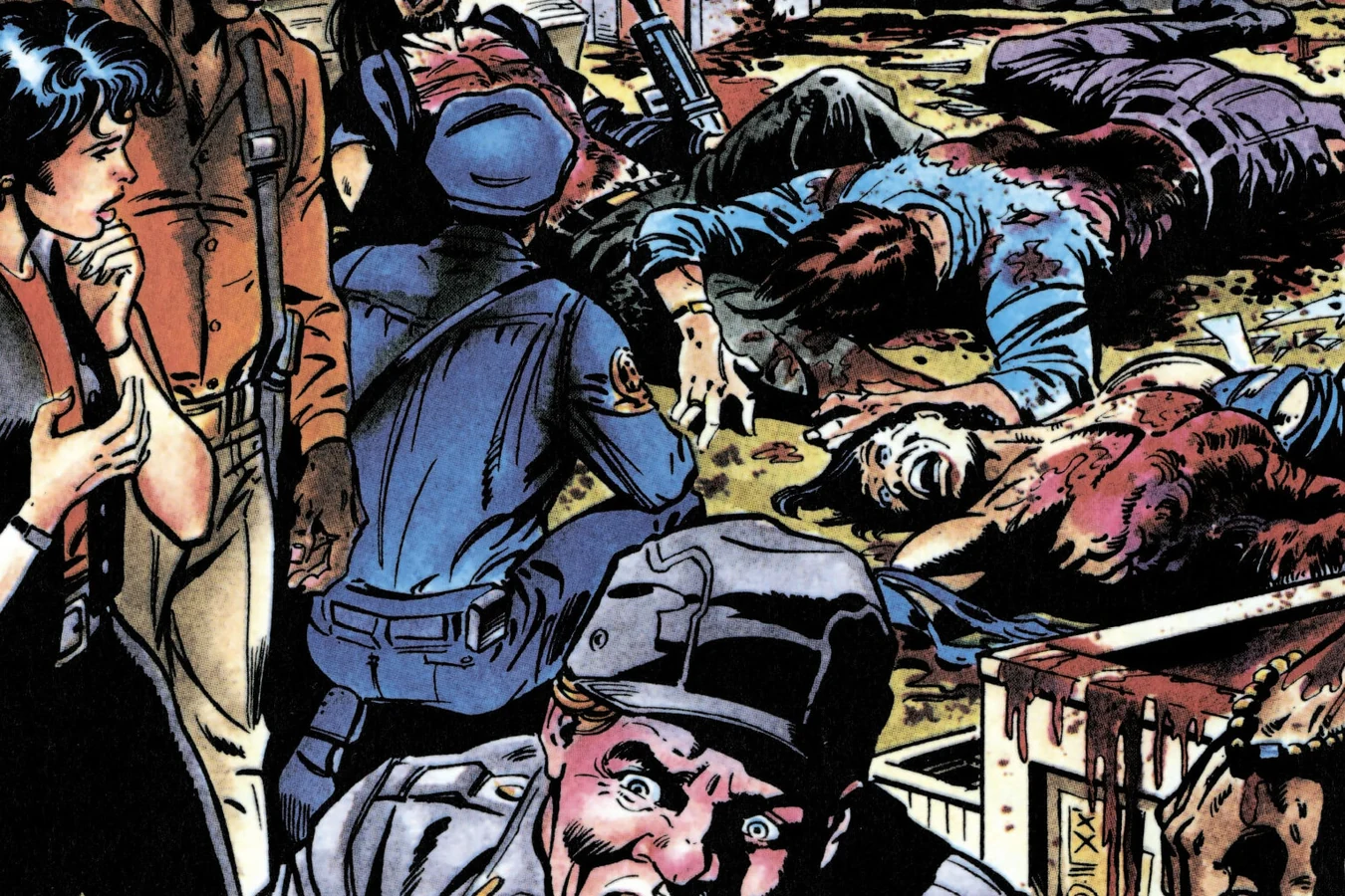 Leona and uniformed officers staring at the mutilated bodies of the El Scorpios gang in the Predator 2 comic