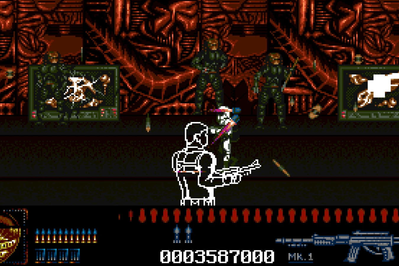 Lieutenant Harrigan as a white outline on the Predator ship in the 1991 Amiga Predator 2 game