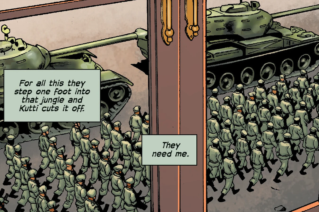 Royce watches government soldiers and tanks march past the general's office window in Predators: A Predatory Life