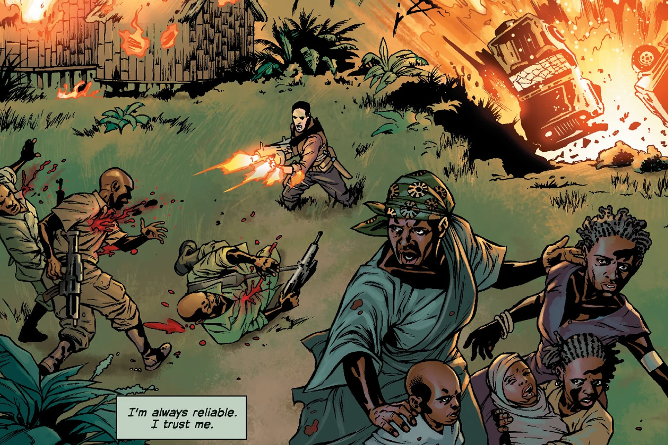 Royce attacking with a drum-fed gun among the burning huts of Kutti's village in Predators: A Predatory Life