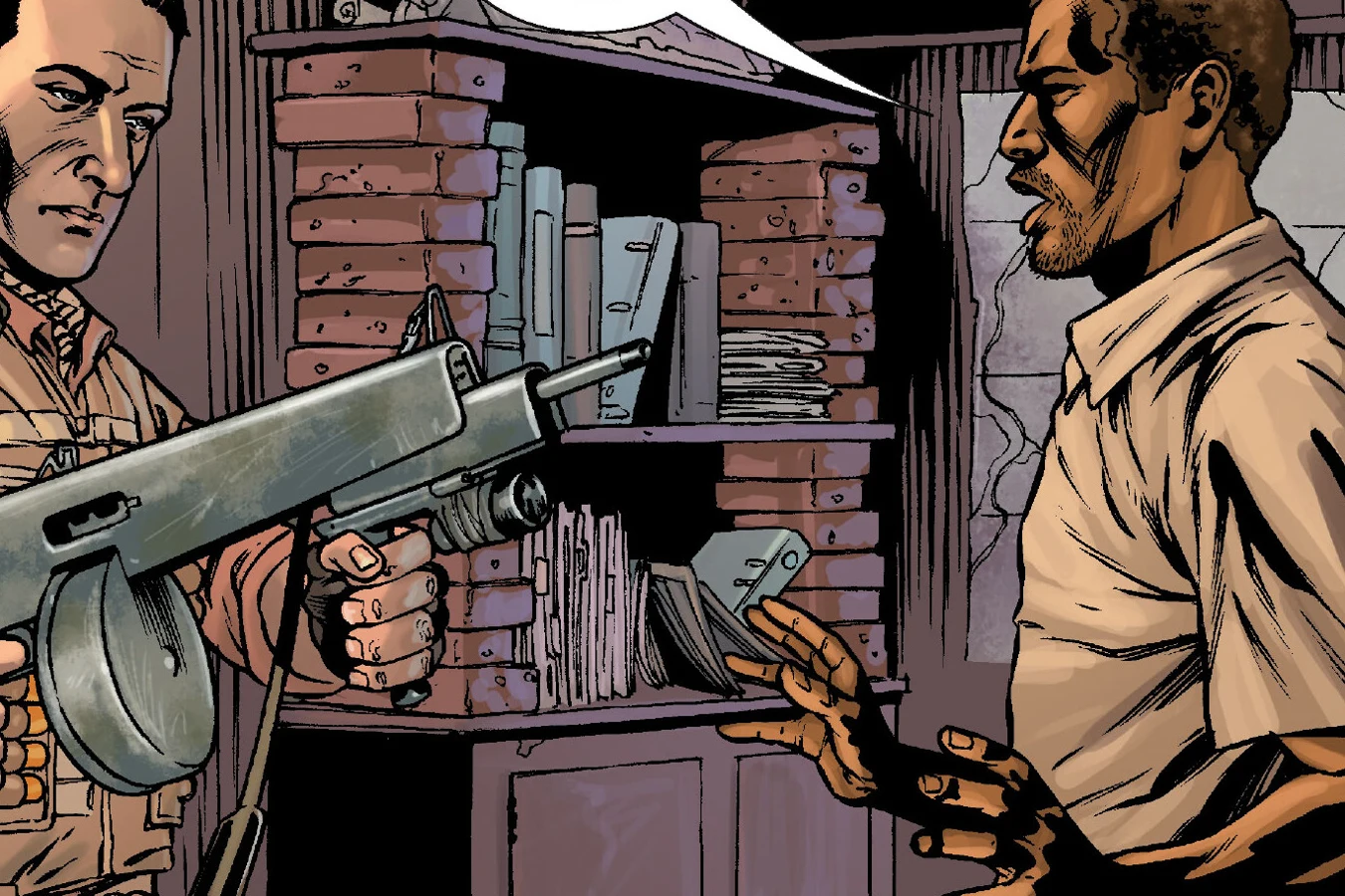 Royce holding a drum-fed submachine gun on the rebel leader Ayotunde Kutti in front of a bookshelf