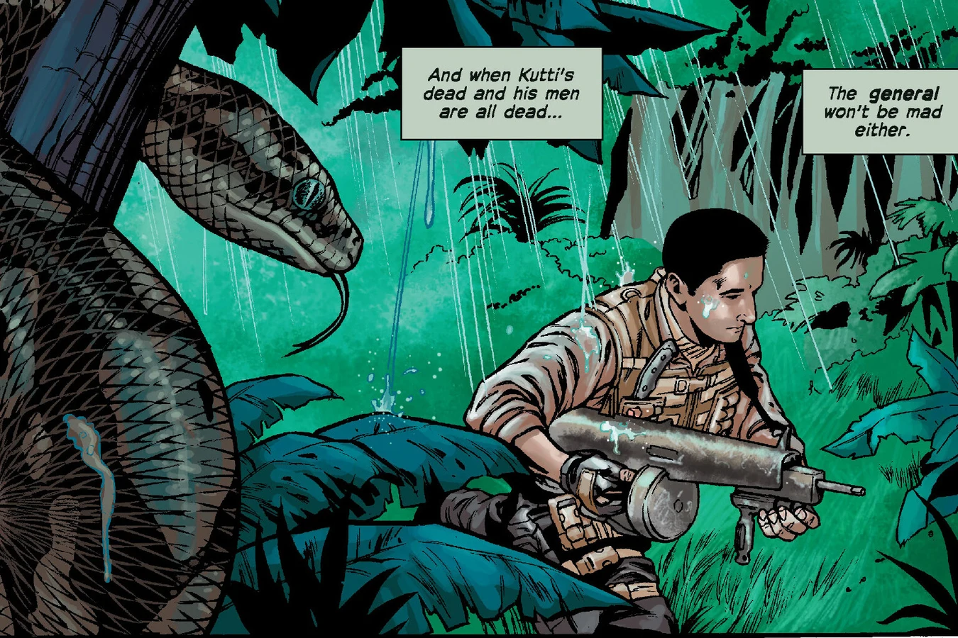 Royce moves through rainy jungle with a drum-fed shotgun while a large snake coils on a tree beside him in Predators: A Predatory Life