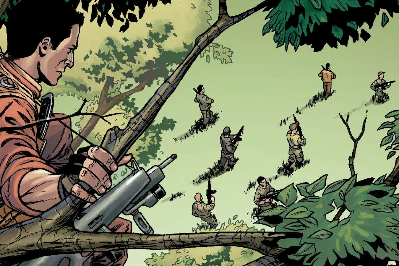 Royce crouches in a tree with a submachine gun while armed soldiers search the grass below him in Africa