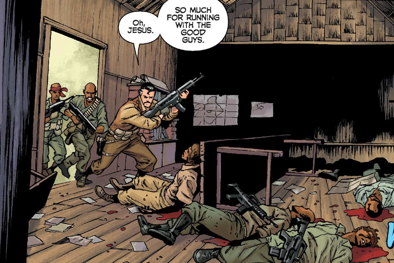 Travis and Kutti's mercenaries entering the bloodied hut in Predators: A Predatory Life