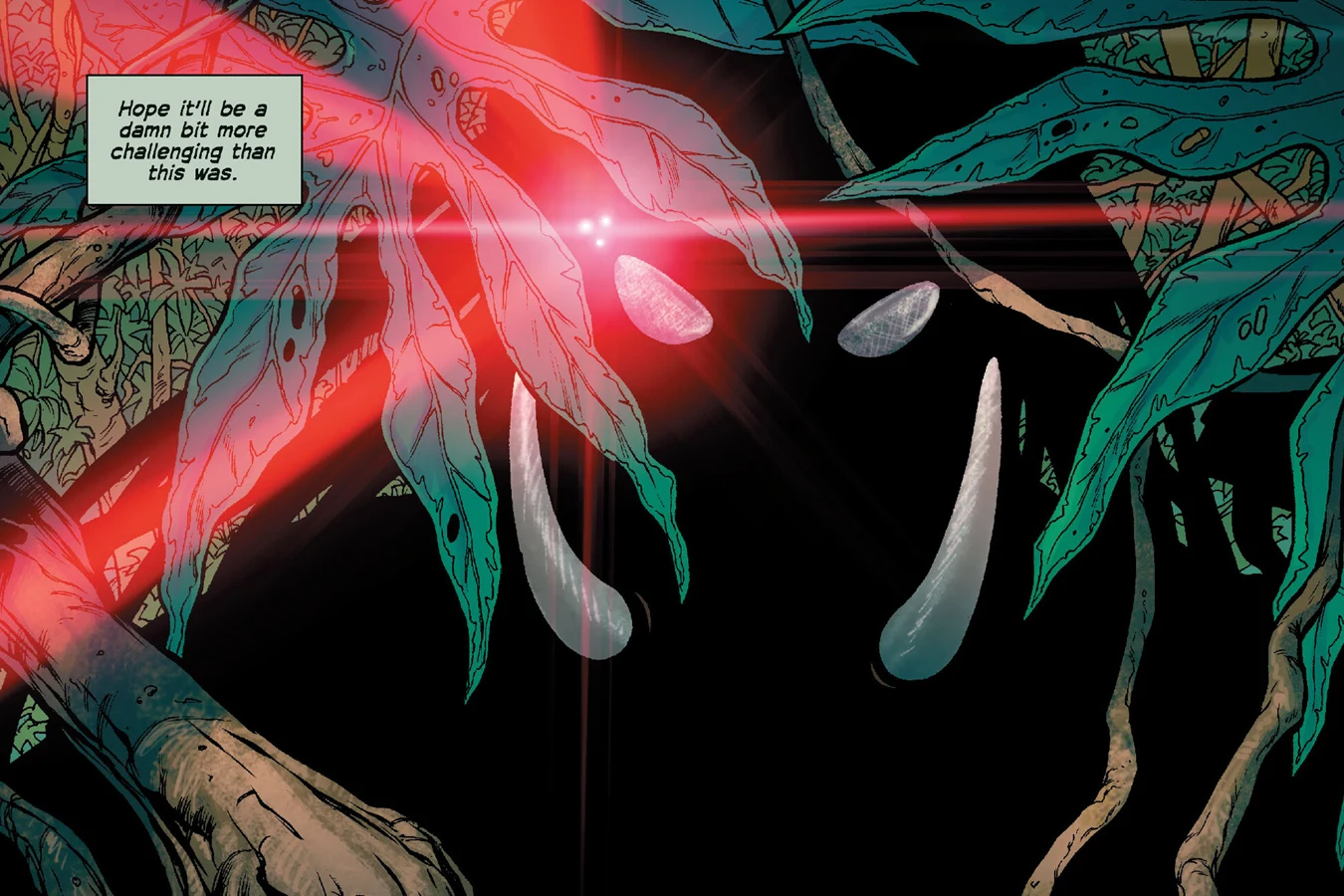 Tracker Predator watches Royce from the bushes at the end of Predators: A Predatory Life