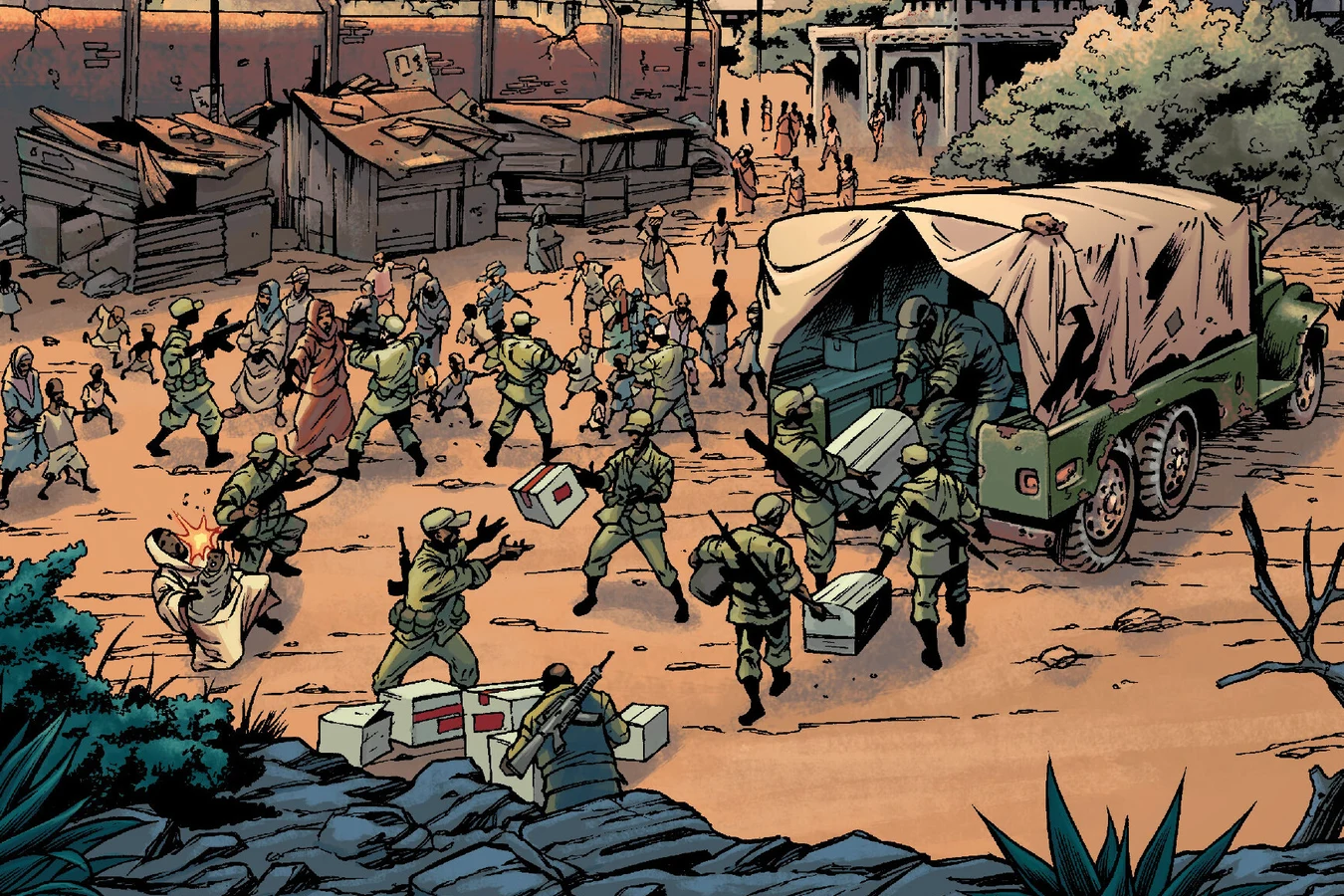 Government soldiers unload United Nations ration crates while civilians crowd a dusty African compound in Predators: A Predatory Life