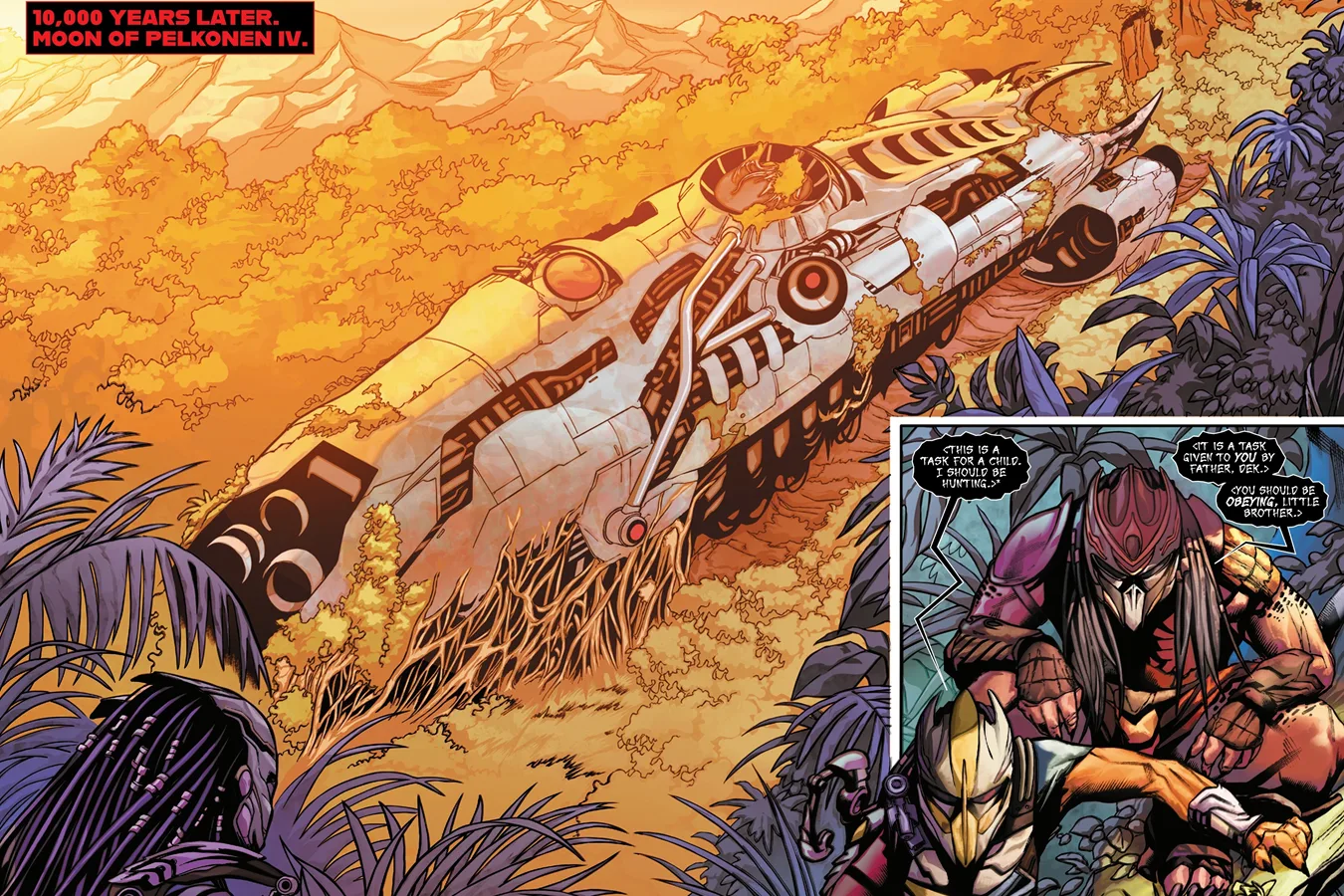 Dek and Kwei approach the derelict ship crashed on a moon of Pelkonen IV