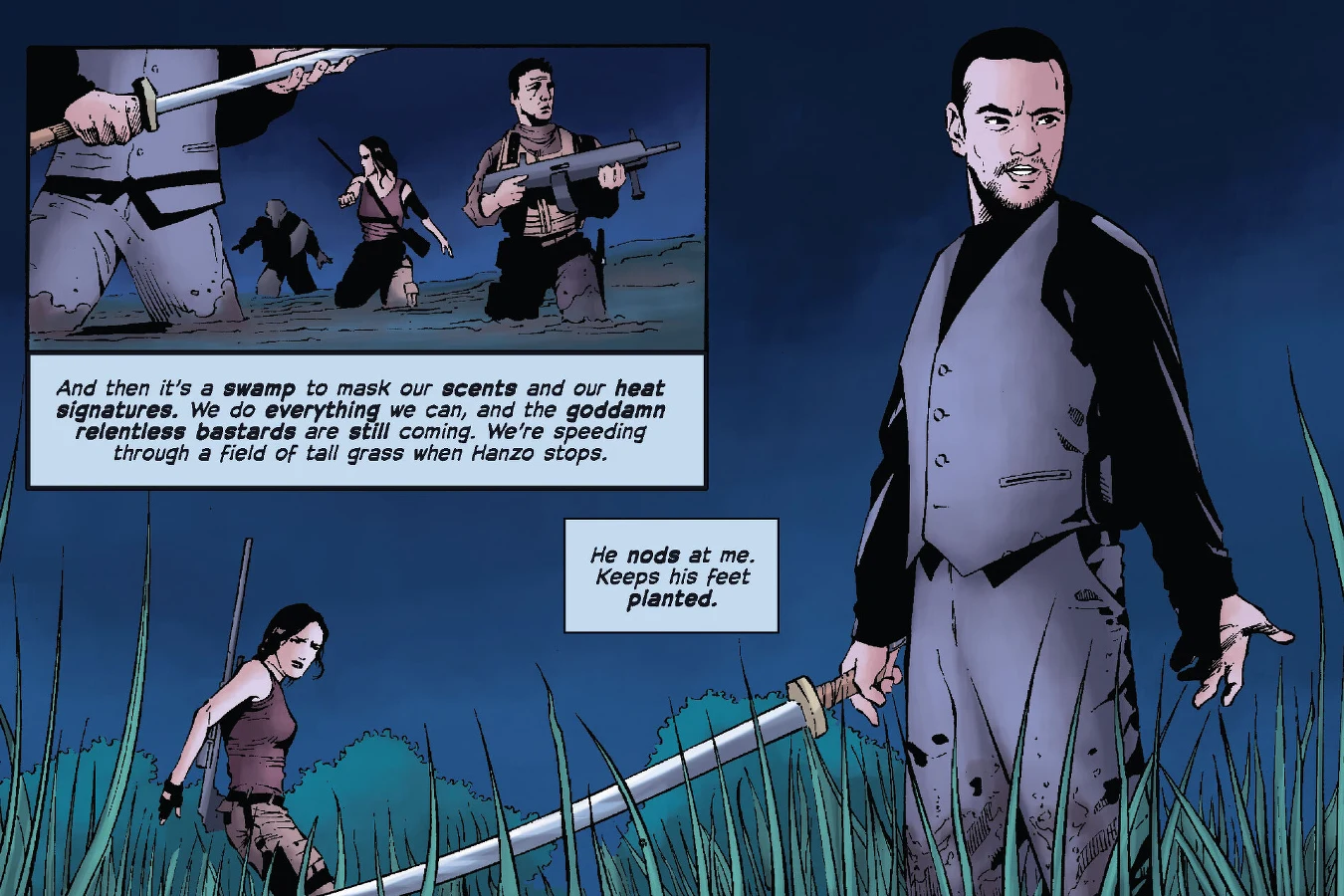 Hanzo stands in tall grass with his katana while Isabelle looks back as he stays to fight the Tracker Predator