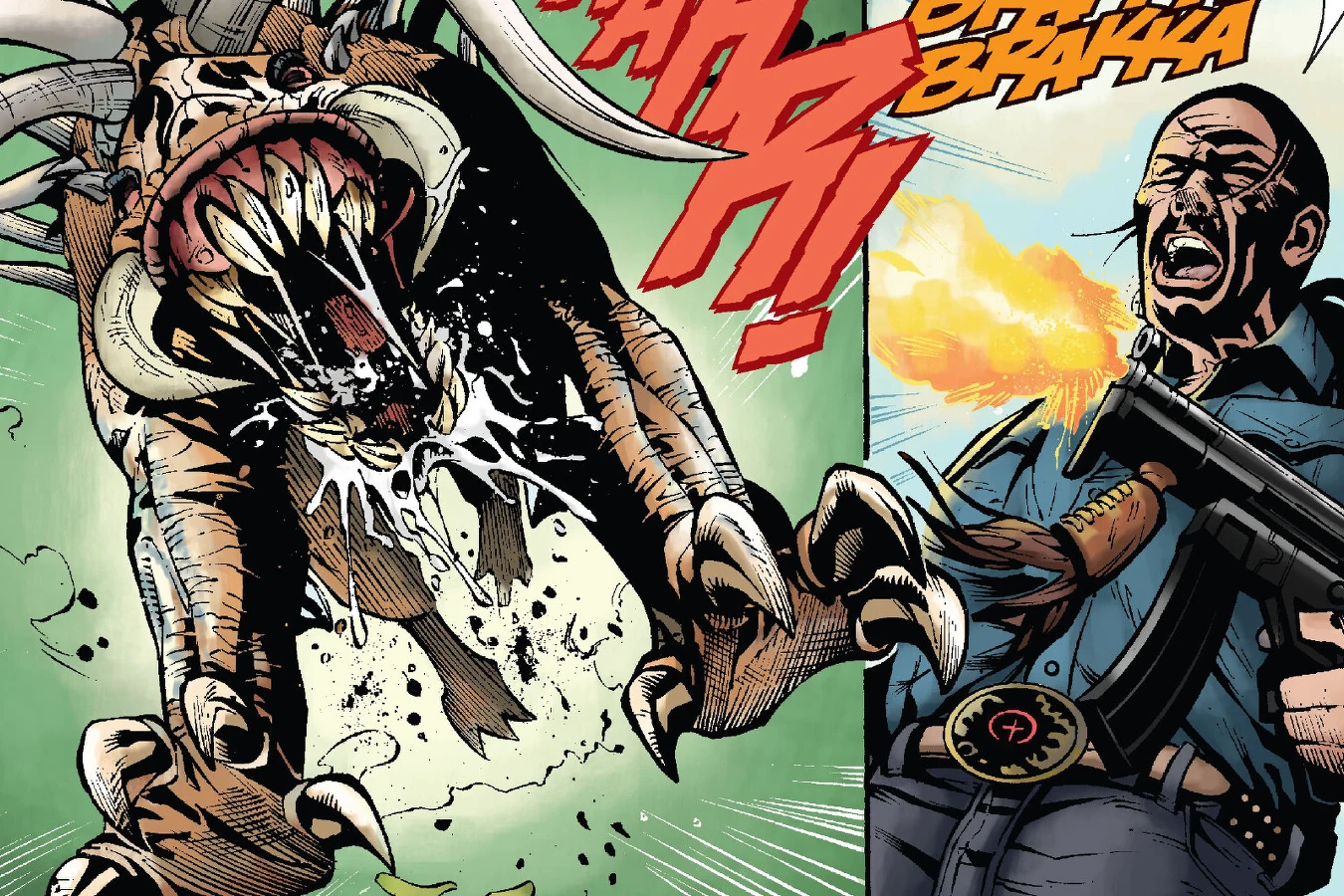 Cuchillo fires dual submachine guns at a leaping Predator hell-hound in Predators: Beating the Bullet
