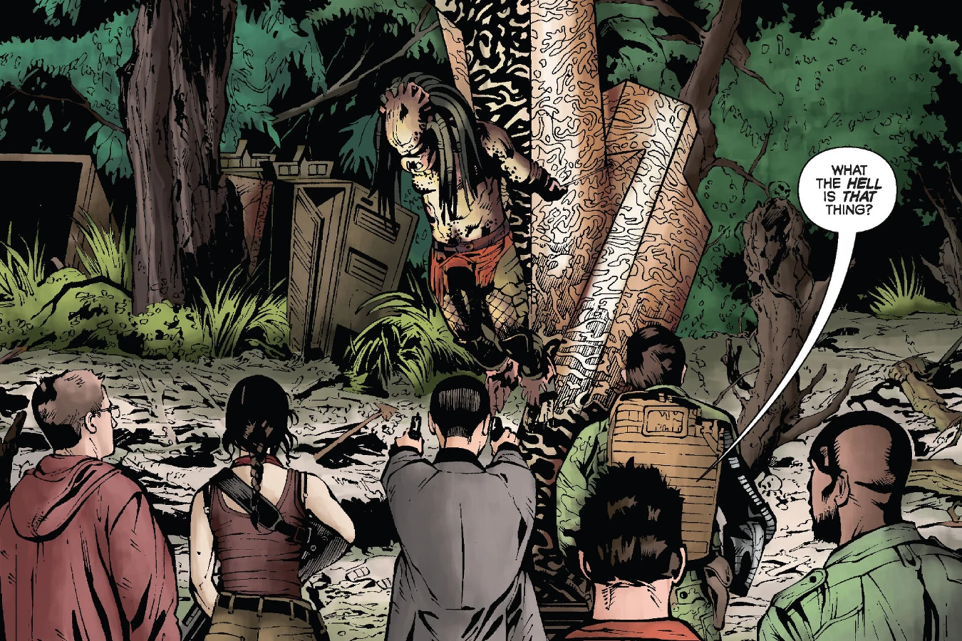 Isabelle, Royce, Hanzo, and the others find a Crucified Predator bound to a carved pillar in the Super Predators' hunting camp