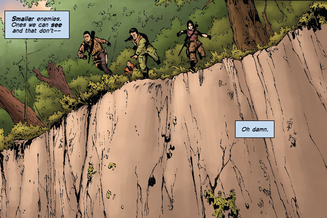 Royce, Cuchillo, and Isabelle reach the edge of a sheer cliff above a long drop on the Game Preserve Planet in Predators: Beating the Bullet