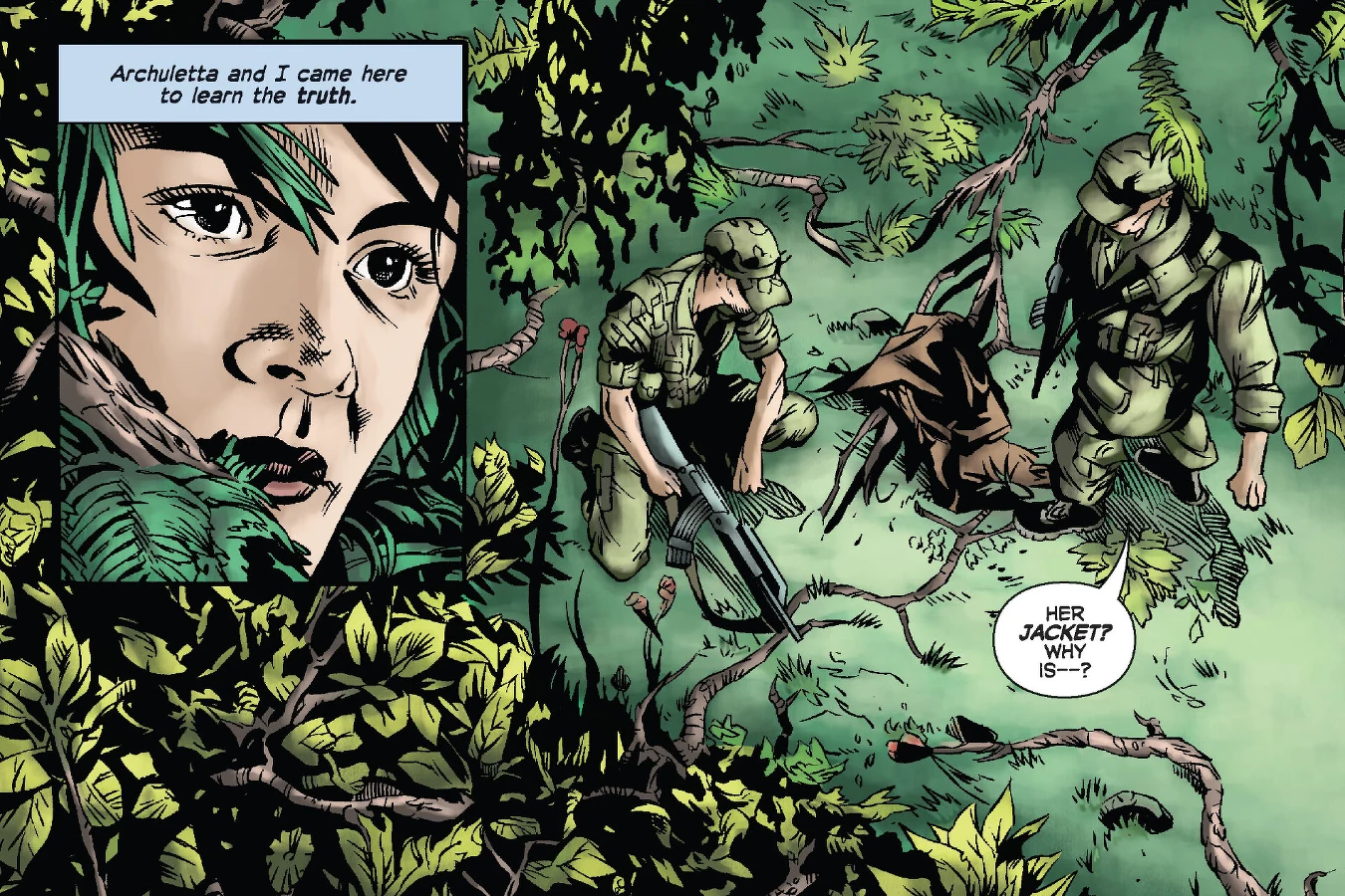 Isabelle watches from the brush while soldiers in the Peten jungle find her discarded jacket on the ground in Predators: Beating the Bullet