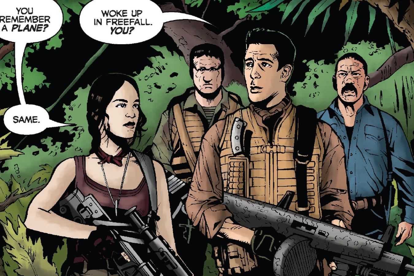 Isabelle, Royce, Edwin, and Cuchillo talk in the jungle after waking in freefall on the Game Preserve Planet in Predators: Beating the Bullet