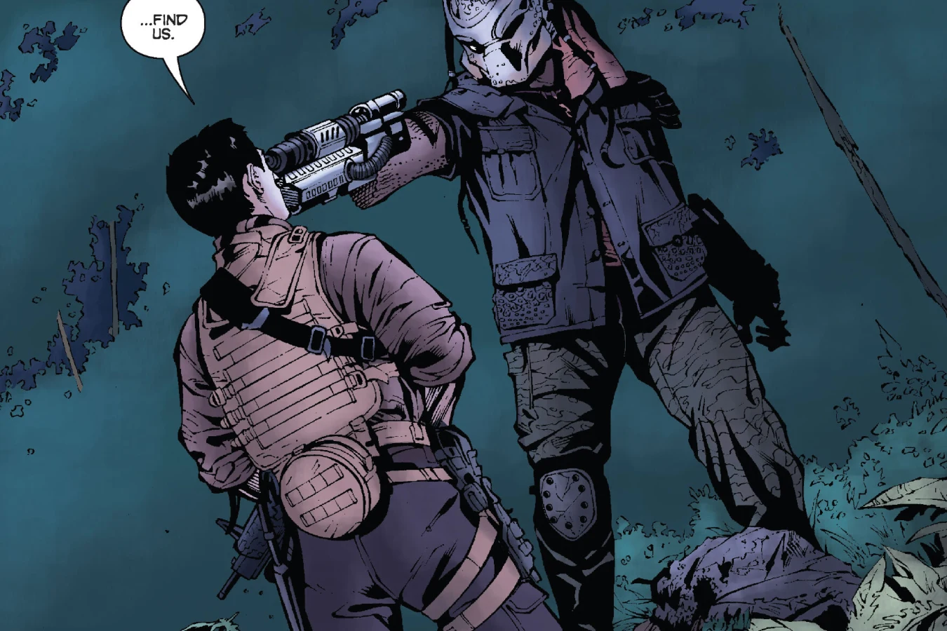 Isabelle faces a man in a weathered Predator mask who aims a scavenged energy weapon at her in the jungle in Predators: Beating the Bullet