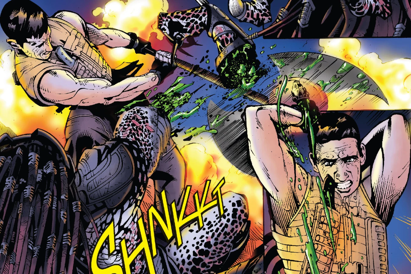 Royce swings a scavenged axe into the Berserker Predator as neon green blood sprays against fire in Predators: Beating the Bullet