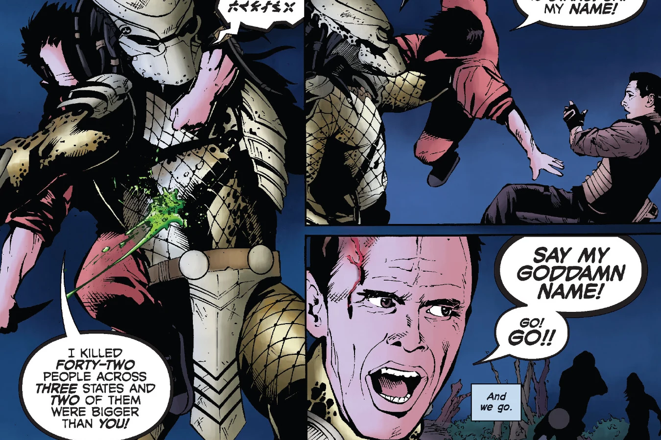 Stans leaps onto a Predator's back and stabs it while neon green blood sprays in Predators: Beating the Bullet