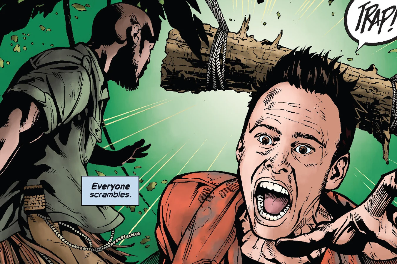 Edwin and Mombasa scramble as a spiked log trap swings through the jungle in Predators: Beating the Bullet