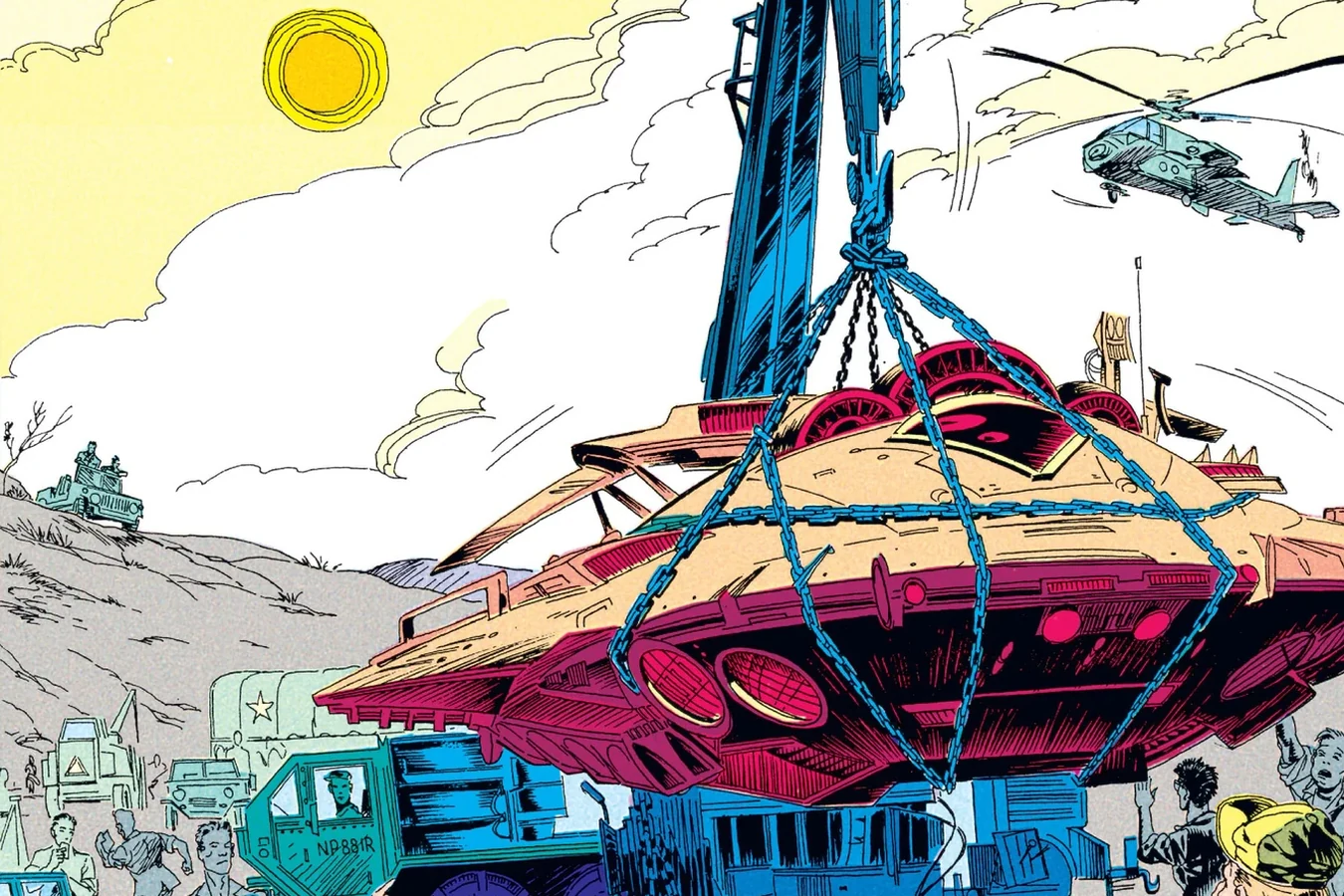 Soldiers watching a helicopter lift the captured Predator ship onto a flatbed truck at the foot of the mountains in the Predator: Big Game comic