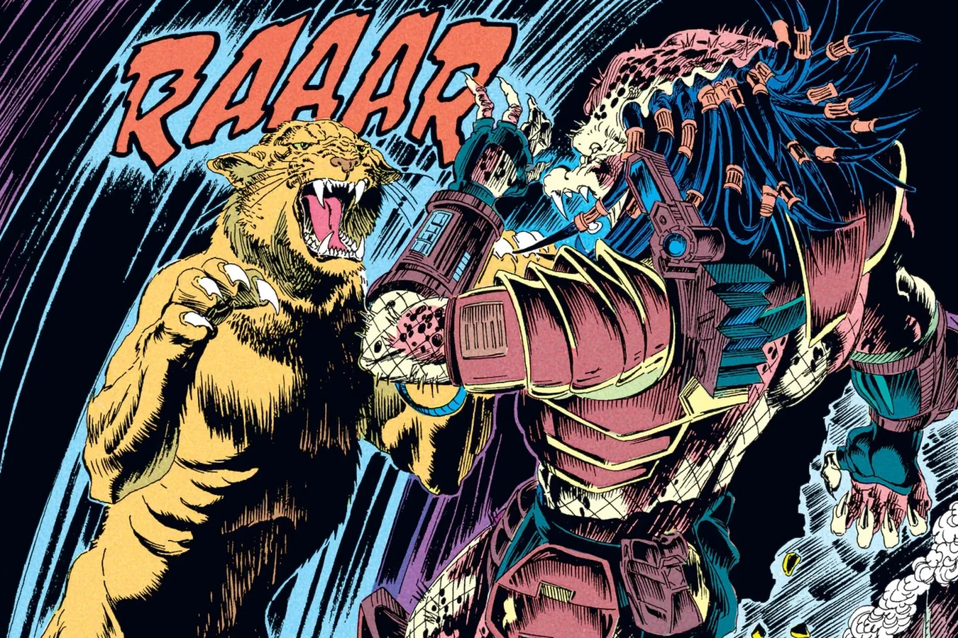 A mountain lion leaping onto the Predator beside its campfire in the Predator: Big Game comic