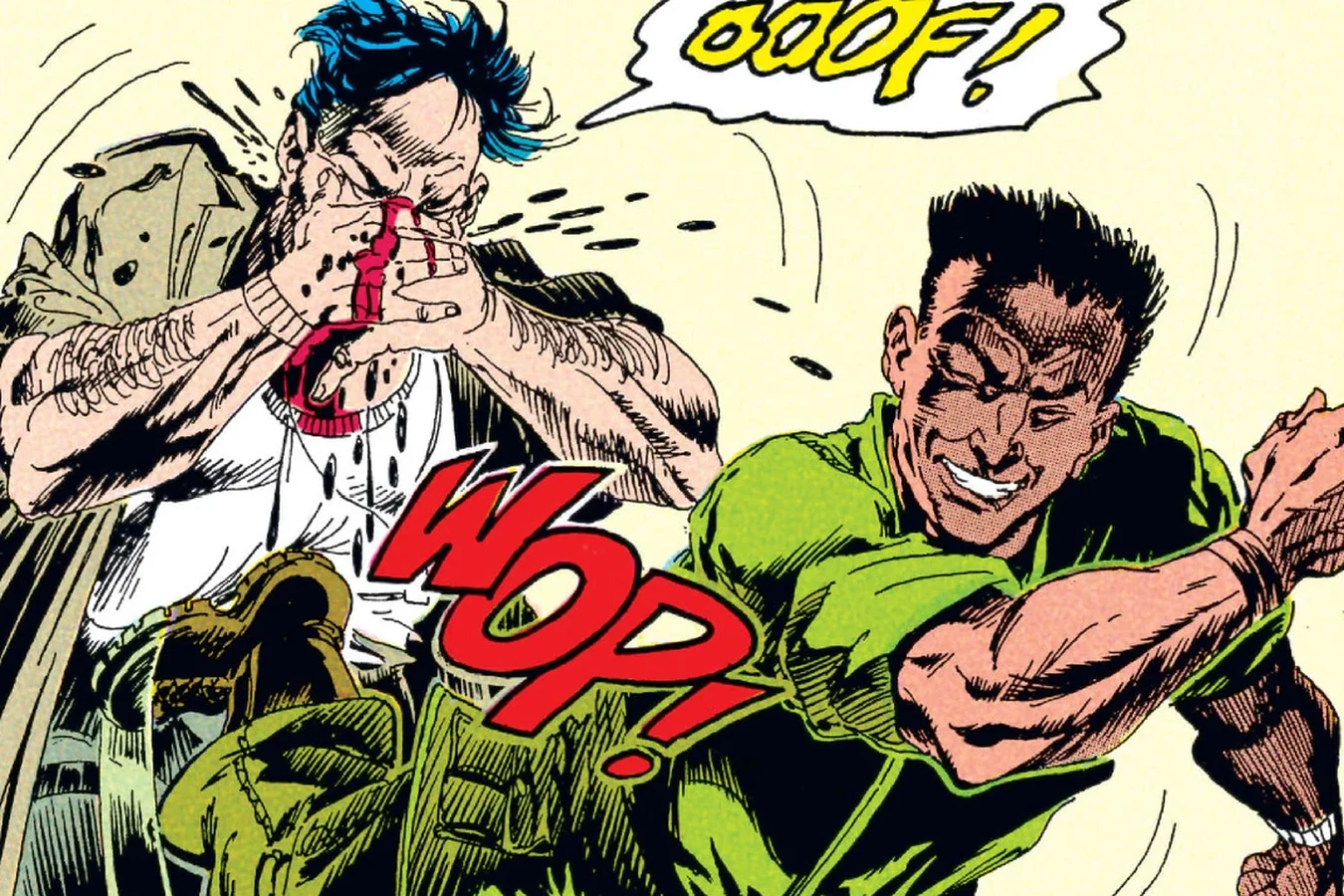Nakai punching a soldier in the barracks as the other men gather around the fight in the Predator: Big Game comic