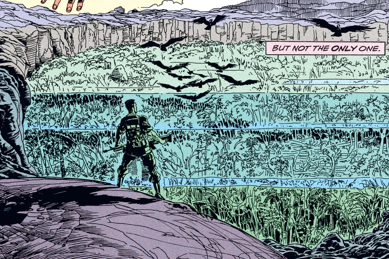Nakai looking down from the lava field at an island of jungle surrounded by black rock in the Predator: Big Game comic