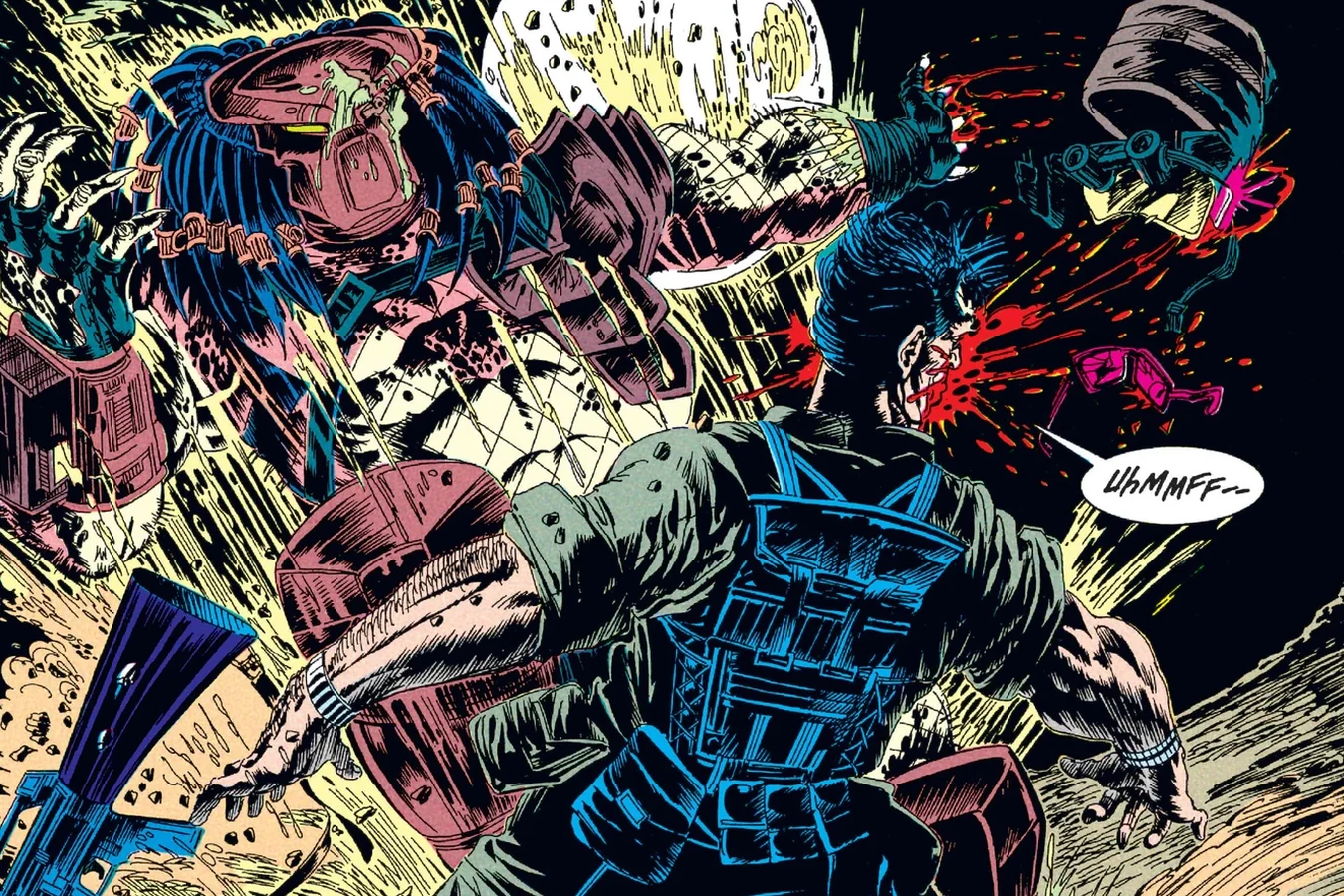 The Predator lunging out of the darkness at Lieutenant Mayhew during the night patrol in the Predator: Big Game comic