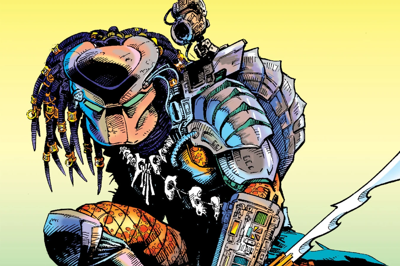 Chris Warner's cover for Predator: Big Game #2, with the Predator crouching with a spear and a net of skulls