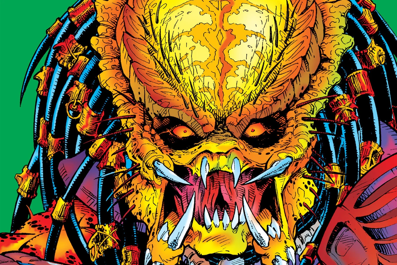 Chris Warner's cover for Predator: Big Game #4, with the Predator's face and wrist blades close up against a green background