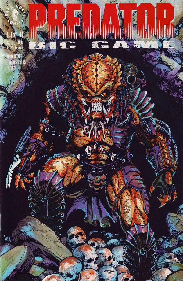 Chris Warner's cover for Predator: Big Game #1, with the Predator crouching in a cave mouth above a pile of skulls