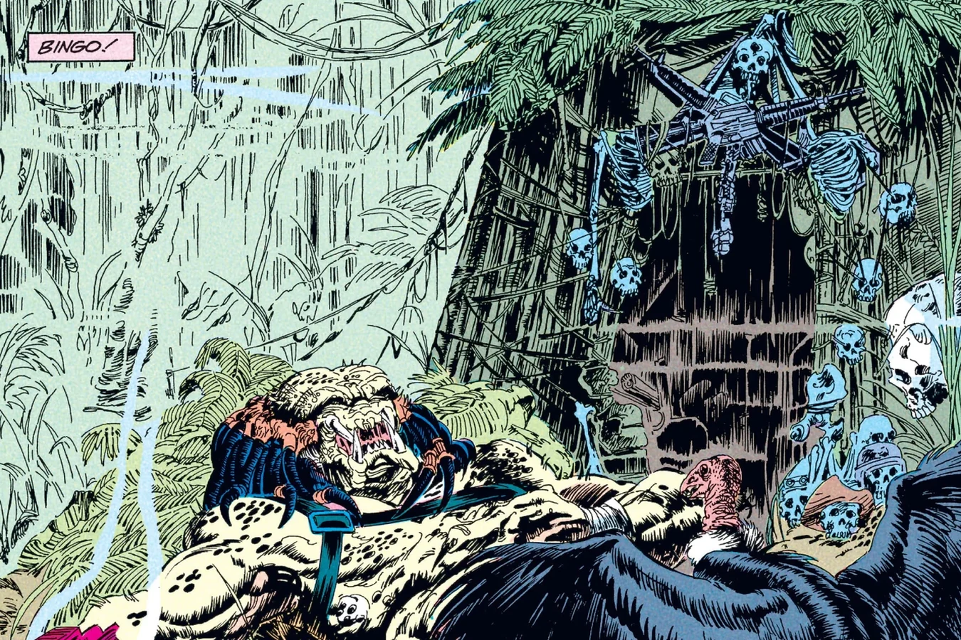 The Predator lying among vultures beside its camp hung with skulls on the jungle island in the Predator: Big Game comic