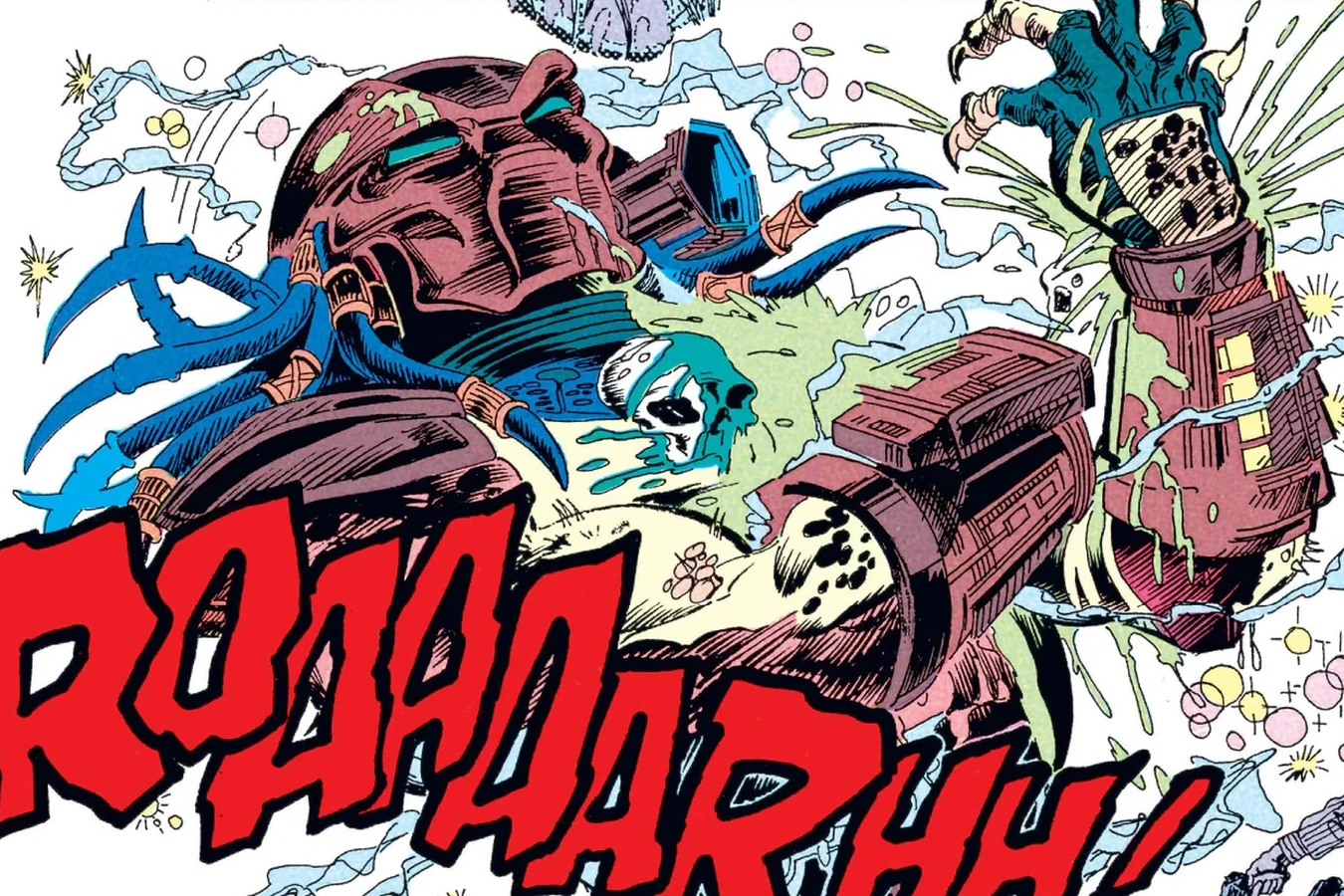 The Predator decloaking with a roar as bullets strike it in front of the sheriff in the Predator: Big Game comic