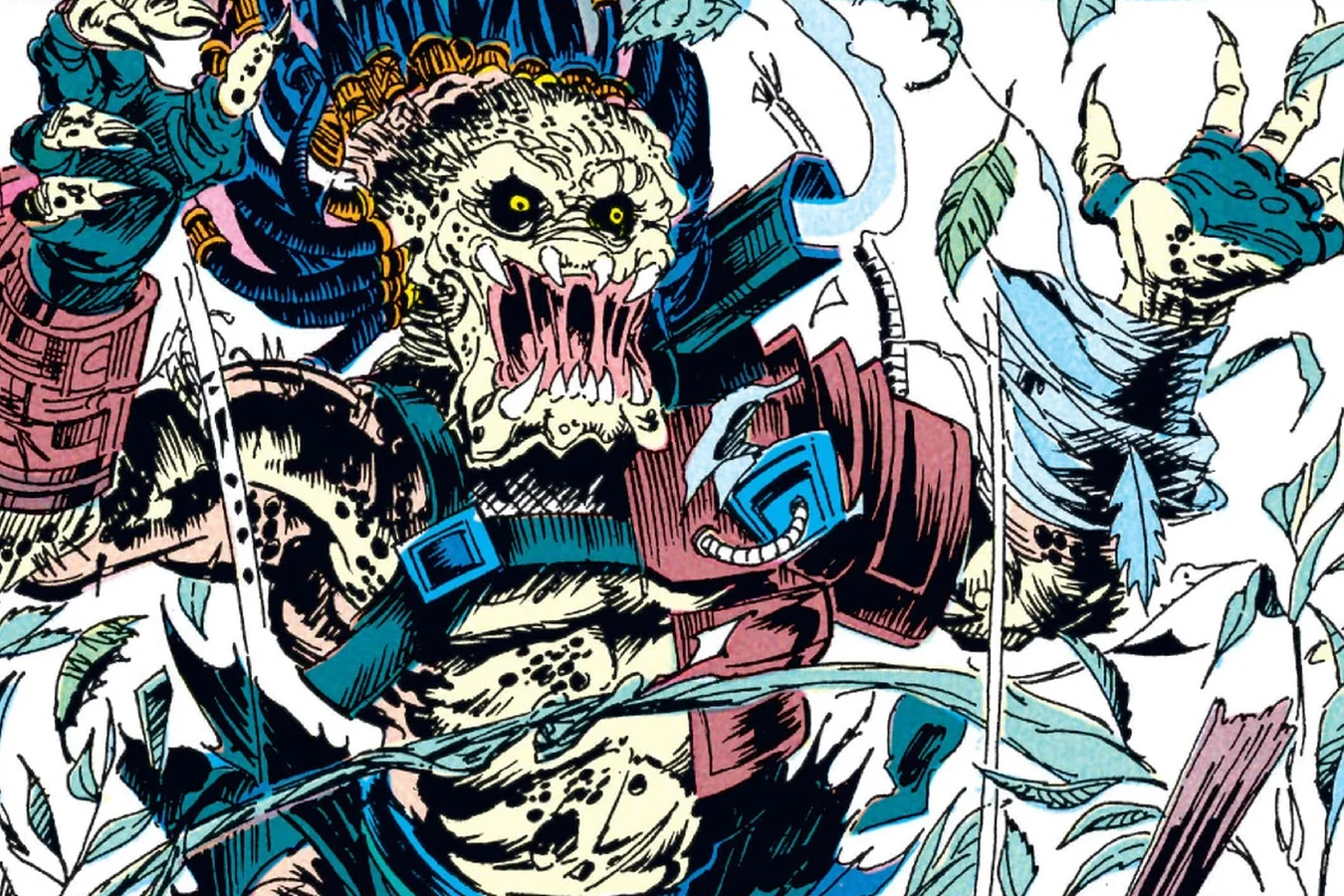 The lava crust breaking beneath the Predator as it falls into the bubble while Nakai watches with a pistol in the Predator: Big Game comic